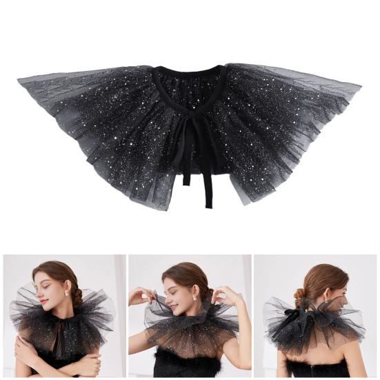 Victorian Retro Mesh Neck Ruff Collar Glitter Layered Ruffle Fake Collar Shawl Halloween Tulle Clown Choker for Renaissance Cosplay