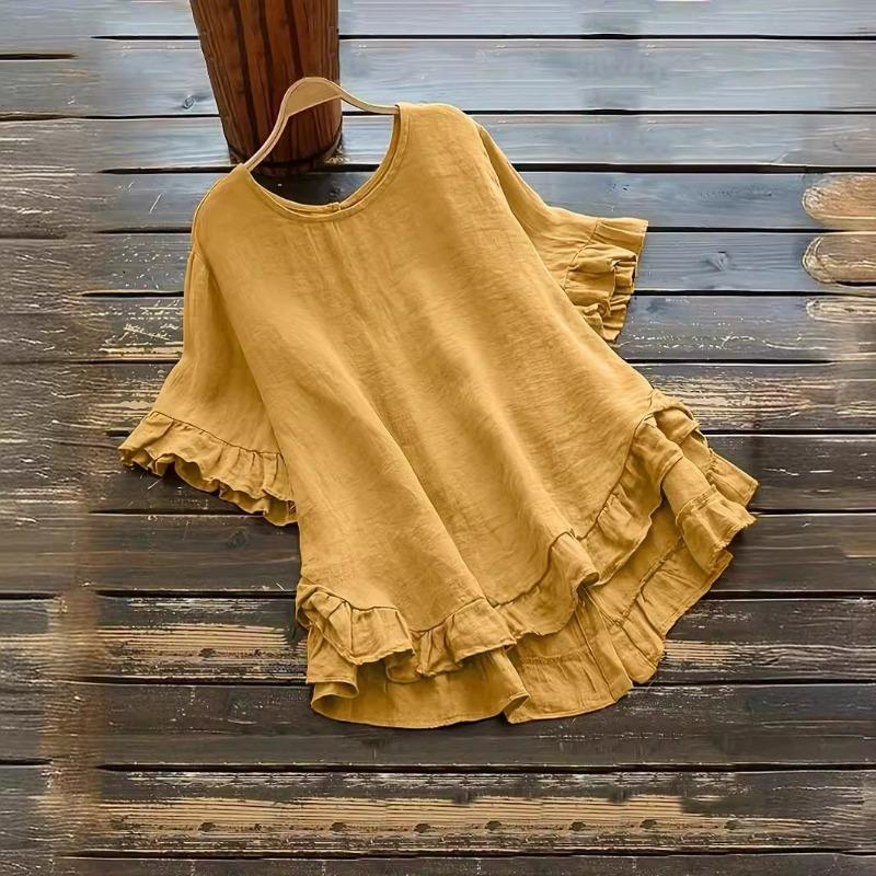 Women's Cotton and Linen Solid Color Shirt Loose Ruffled Cuffs Short-sleeved Button Top