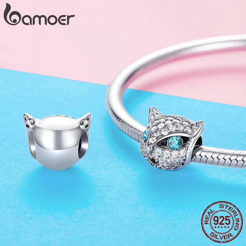 BAMOER High Quality Authentic 925 Sterling Silver Kitten Cat Fox Shape Charms Clear CZ Beads