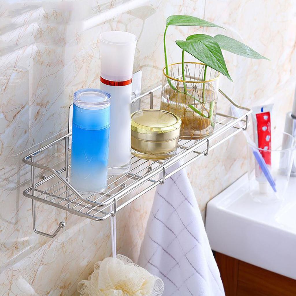 Spice Rack Organizer Large Capacity Stainless Steel Rack Space Saving Bathroom Shelf Wall Mounted with Hooks Rectangular