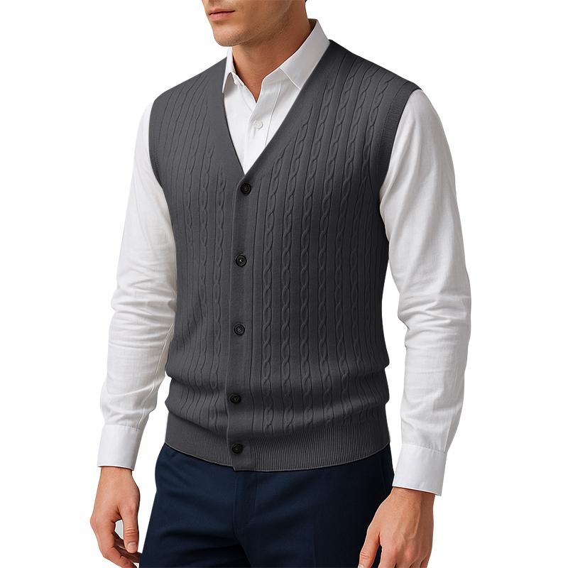 Herbst Herren Zopfstrickweste V-Ausschnitt Knopfleiste Ärmellos Strickweste Outdoor Business Leicht Streetwear