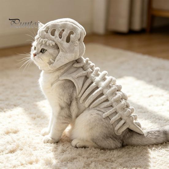 Costume di Halloween per Animali Domestici Piccoli, Costume da Scheletro di Dinosauro per Gatti, Abito con Cappuccio in Peluche, Abbigliamento Carino Spaventoso e Comodo per Gattini, Dolcetto o Scherzetto, Foto Divertente
