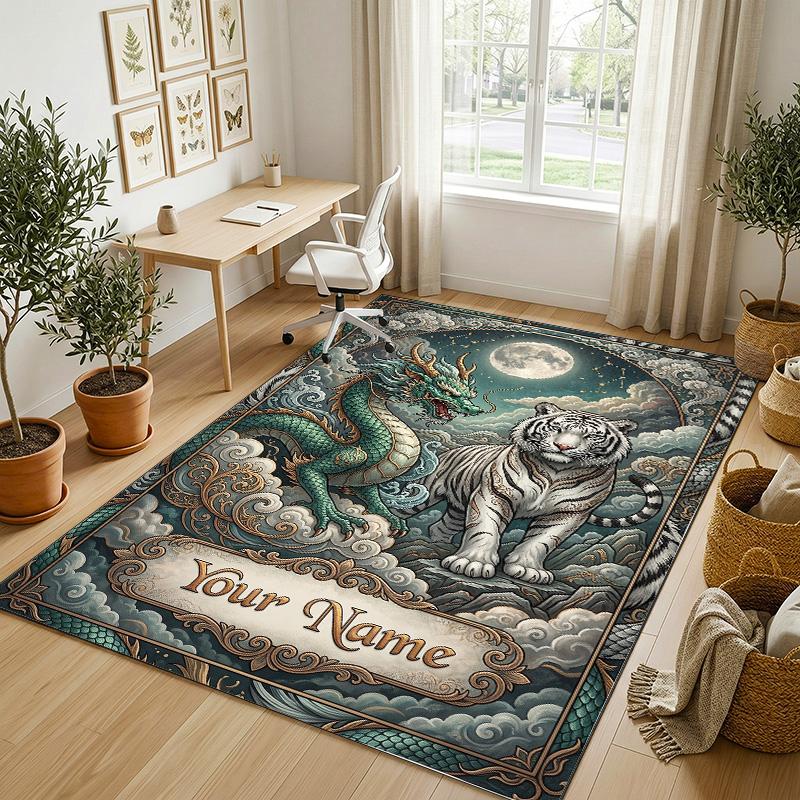 Dragon Phoenix Theme Crystal Velvet Rug Personalized Custom Name Text Soft Floor Mat Home Decor