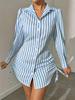 Women's Spring and Summer Striped Side Drawstring Long Sleeve Shirt Skirt