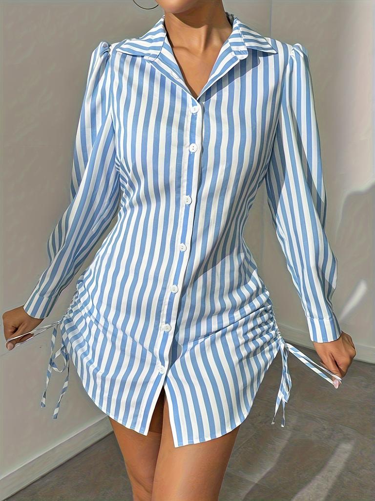 Women's Spring and Summer Striped Side Drawstring Long Sleeve Shirt Skirt