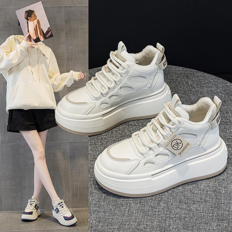Women's Genuine Leather Velvet Platform Sneakers - Warm, Thick-Soled, Casual High-Tops for Spring 2025.