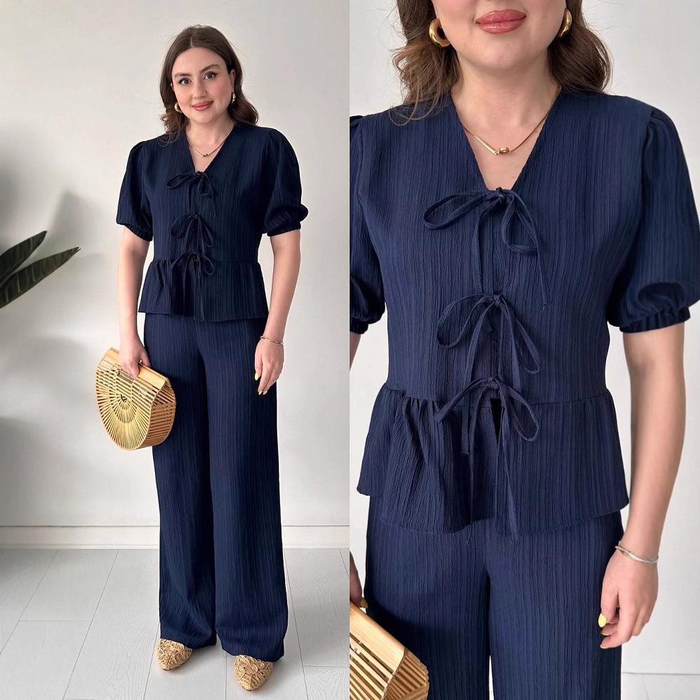 2025 Fall V-neck Casual Short-sleeve Top & High-waisted Women's Set