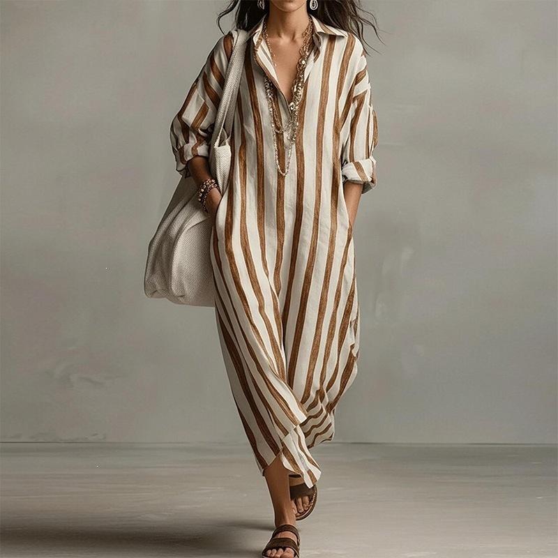 New Spring Women's Clothing, European and American Dresses, Commuting Loose V-neck Striped Printed Dress