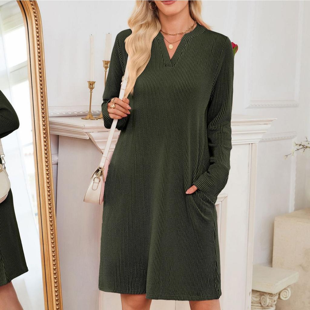 Fall Winter Women's V Neck Long Sleeve Loose Dress Casual Daily Dress For European American Crossborder Outfit