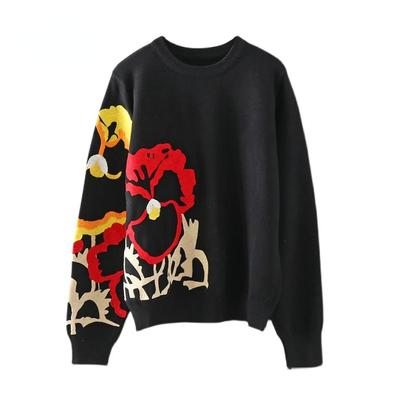 Black Floral Embroidery Pullover Women Boho Autumn Winter Jumper Top  C-010