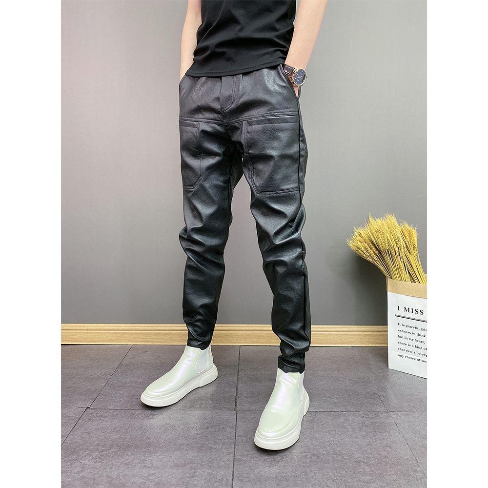 Men's Windproof & Waterproof PU Leather Pants - Trendy Korean Style, Six-Pocket, Cuffed, Solid Color Casual Trousers for Autumn & Winter.