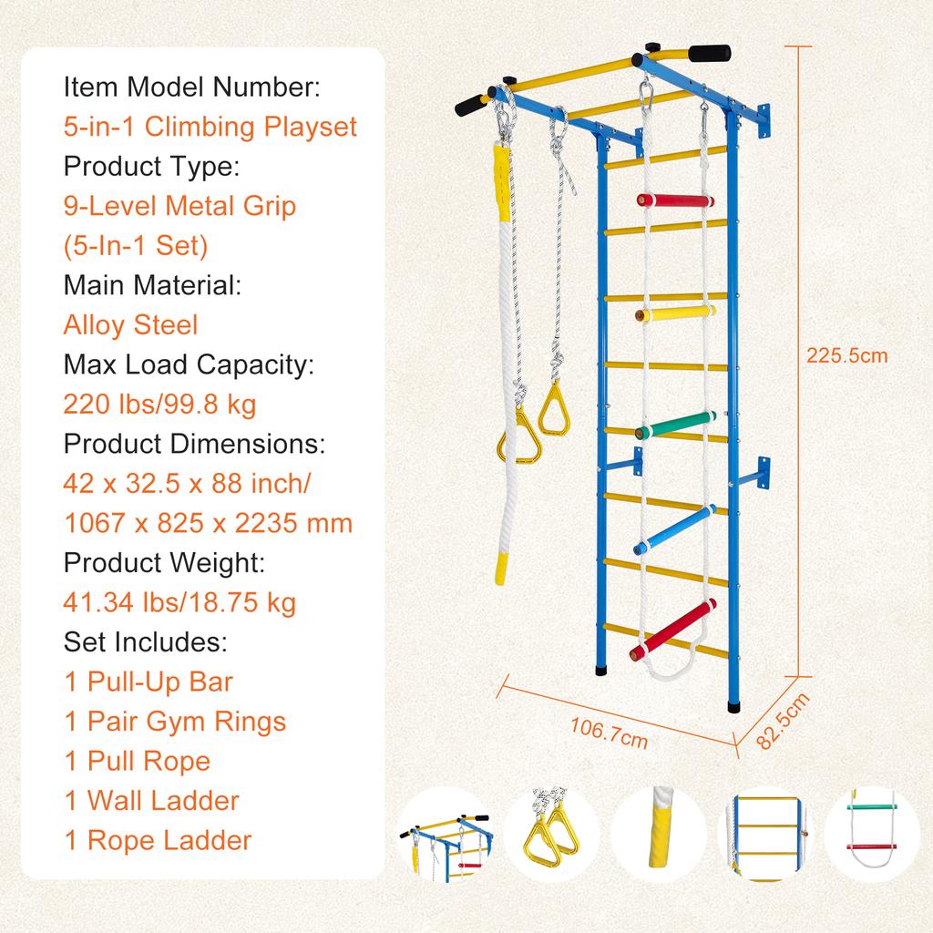 Giochi da Arrampicata 5 in 1 per Bambini Piccoli, Palestrina Indoor per Esercizio, Set Parete Scala in Acciaio con Sbarra per Trazioni, Corda, Anelli da Ginnastica, Regalo per Bambini e Bambine