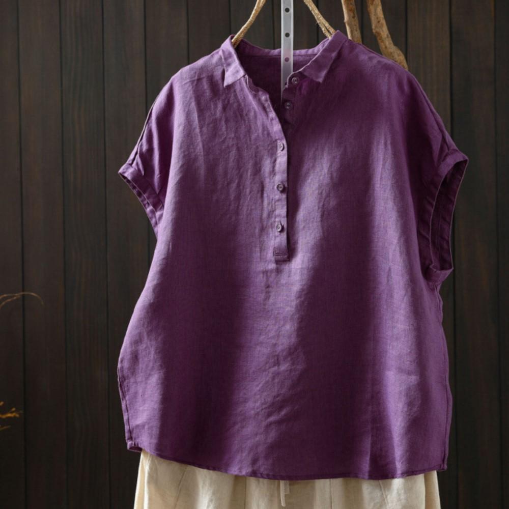 Johnature Women Vintage Shirts Summer Chinese Style Solid Color Sleeveless Turn-down Collar Button Casual Shirts