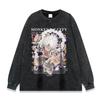Unisex Oversized Cotton Long Sleeve Tee With Anime Print Washed Vintage Style Loose Fit Teens Adults