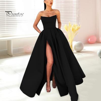 Lady Evening Dress Bandeau Off Shoulder Backless Sleeveless High Split A-line Big Swing Pleated Back Zipper Closure Performance Wedding Maxi Dress