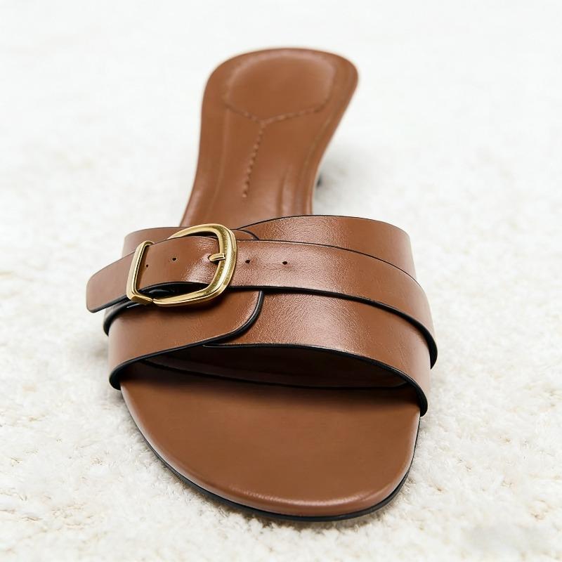 Kávové Koťátko Podpatek Dámské Pantofle Sexy Otevřená Špička Kovová Přezka Design Skluzavky Pohodlné Street Style Mules Pantofle