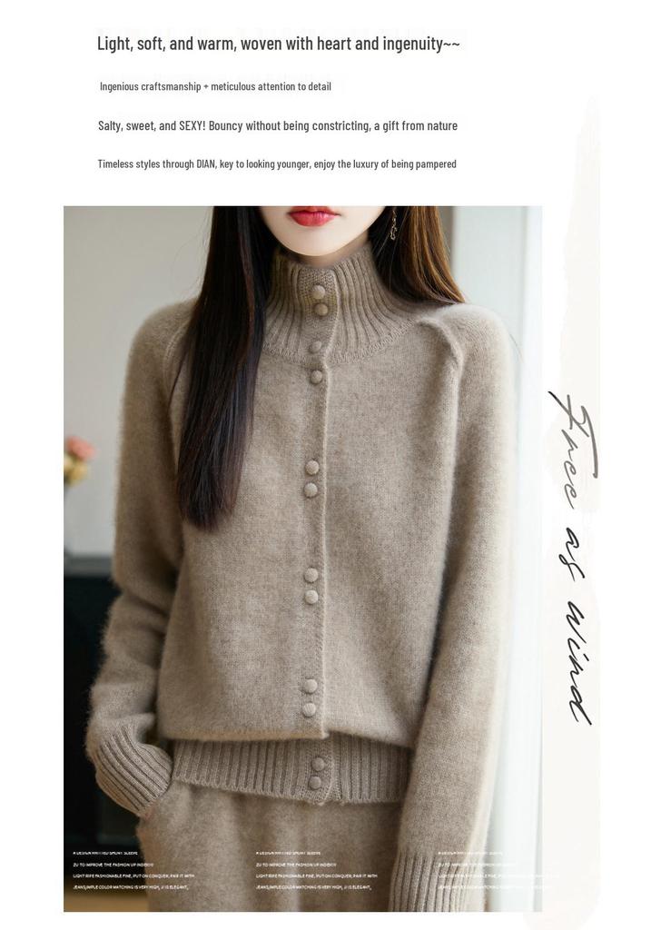 Women's Heavyweight Pure Wool Stand Collar Cardigan for Autumn/Winter