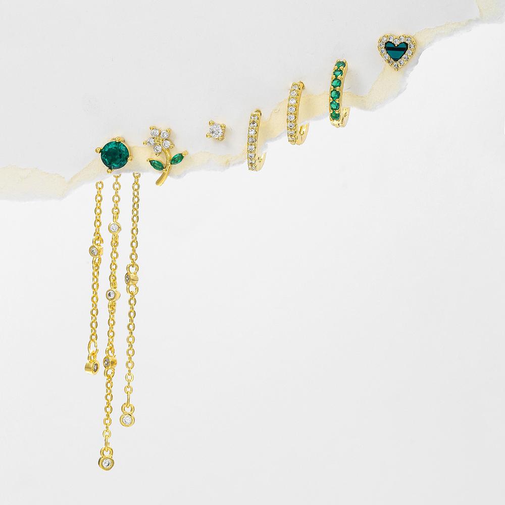 Exquisite Green Zircon Tassel Chain Stainless Steel Hoop Earrings 18K Gold Plated Heart Flower Piercing Earrings Fashion Jewelry