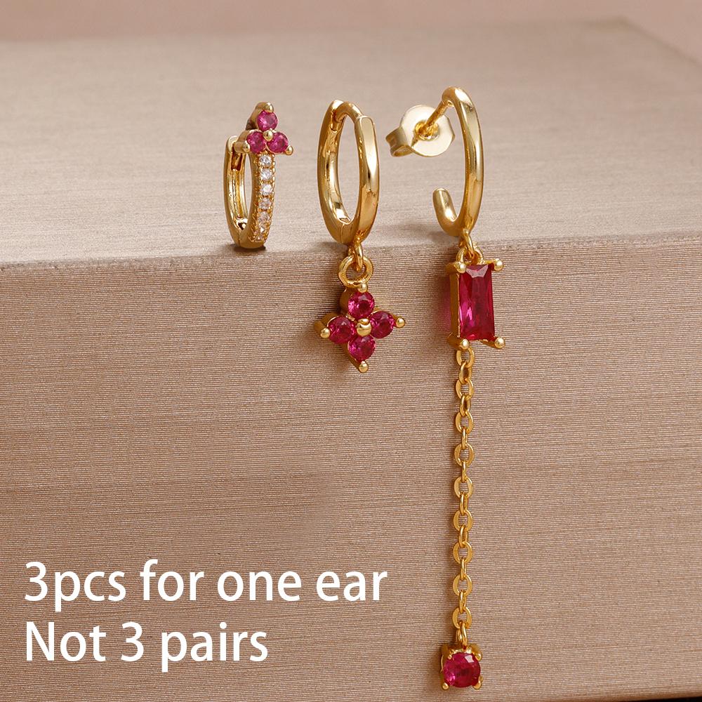 3PCS Unique Stainless Steel Earrings Set for Women Rose Red Crystal Zircon Huggie Hoop Earring Wedding Romantic Jewelry