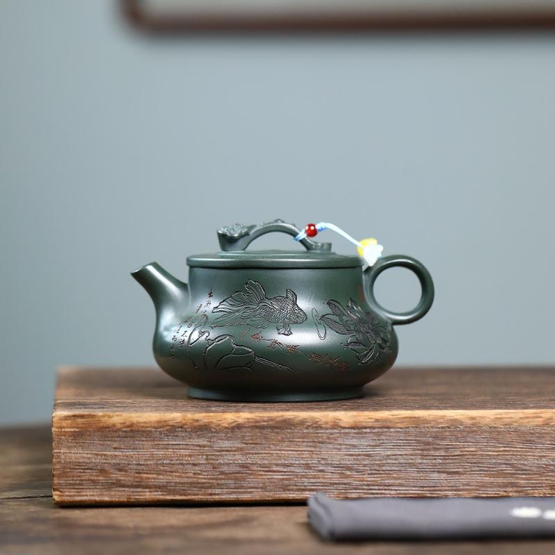 

330ml High-end Yixing Purple Clay Teapots Handmade Ruyi Pot Raw Ore Blackish Green Mud Tea Brewing Kettle Zisha Tea Set Craft
