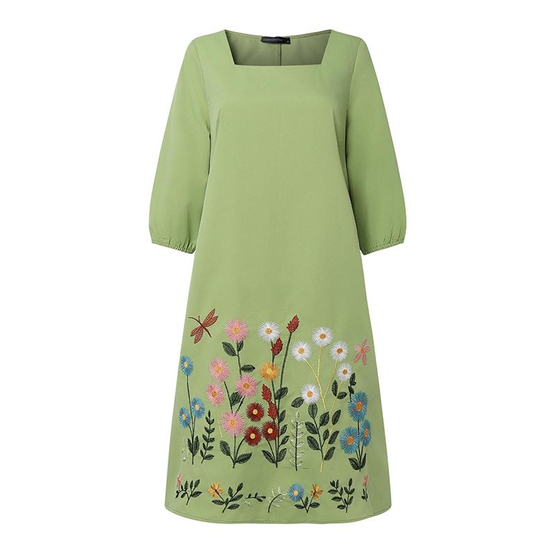 

ZANZEA Женское повседневное платье с квадратным вырезом, 3/4 рукавом, свободное, с цветочным принтом S зелёный