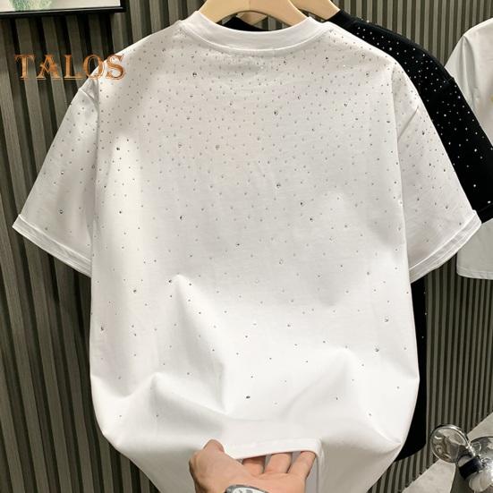 Summer Men T-shirt Rhinestone Decor Round Neck Loose Pure Color Short Sleeves Pullover Casual Mid Length Daily Wear Sport Top