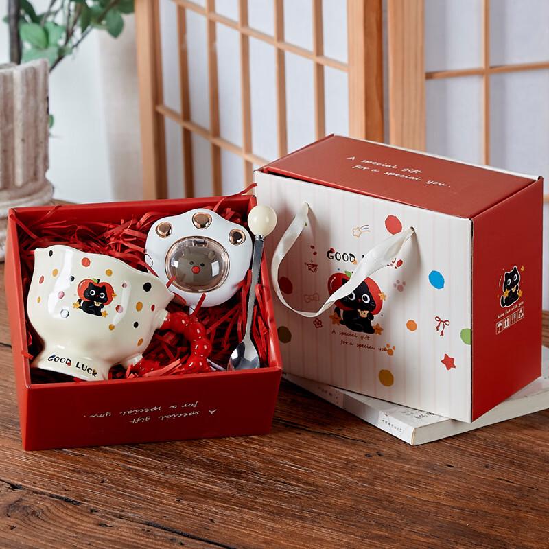 Apple Cat Ceramic Mug Gift Set with Spoon & Hand Warmer
