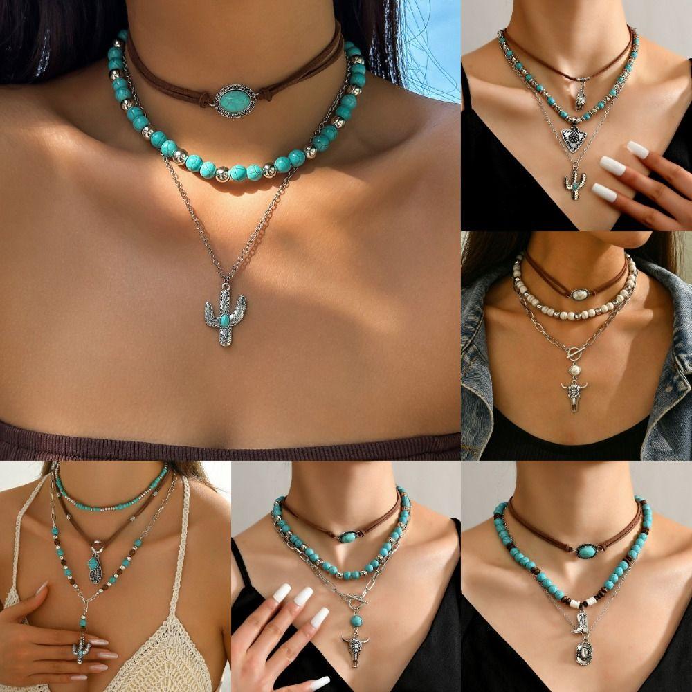 Western Beaded Layered Necklace Bohemian Clavicle Chain Turquoise Beads Pendant Necklaces Gifts