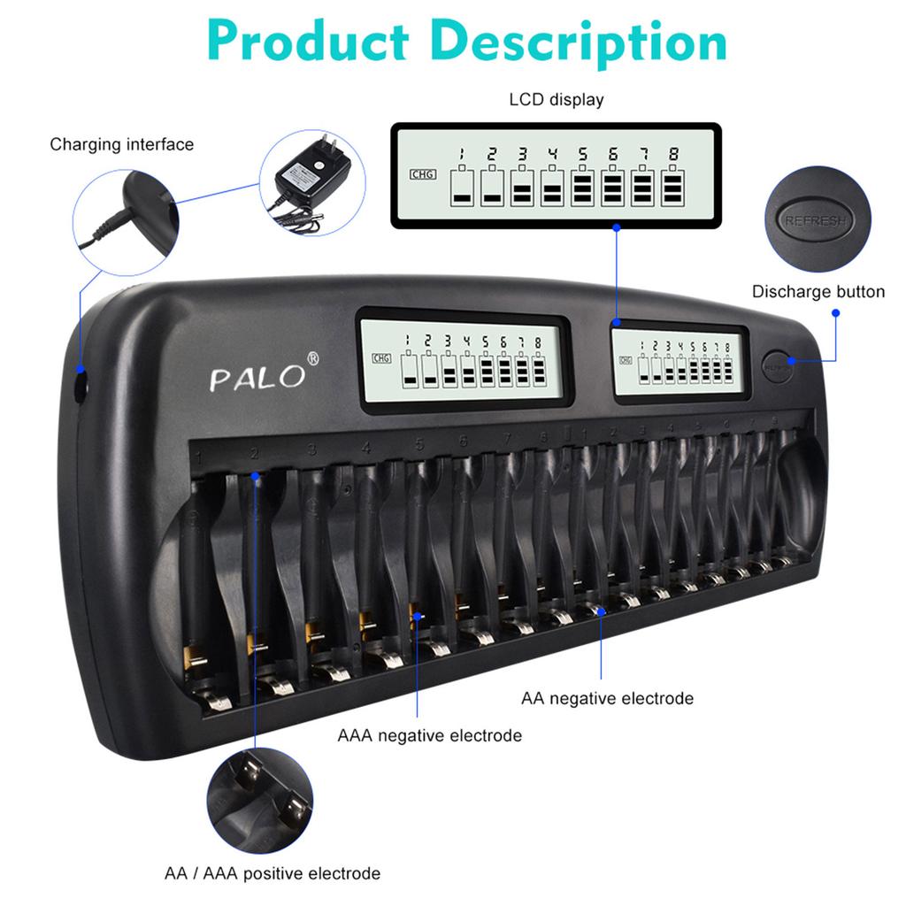 PL-NC31 Universal Intelligent Battery Charger Two 3 Inch LCD Display Speedy Smart Charger W/ 16 Battery Slots for 1.2V Ni-MH Ni-