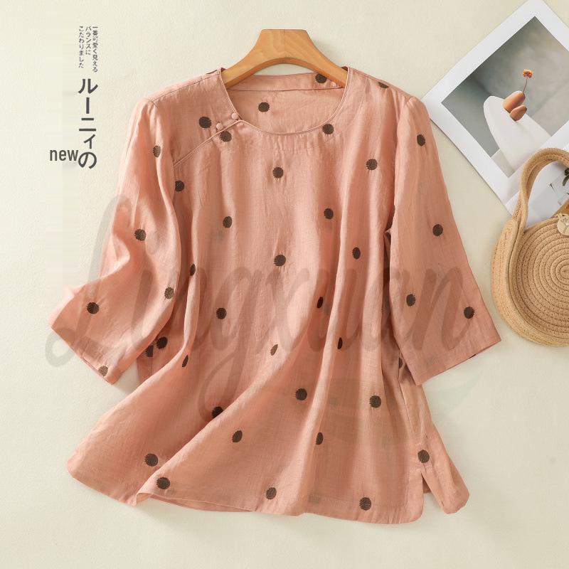 Women s Artistic Polka Dot Cotton Linen Mid-Sleeve Top Extra Large
