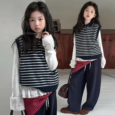 Autumn 2025 Girls' Fashionable Knitted Vest Polo Set - Trendy Three-piece Outfit