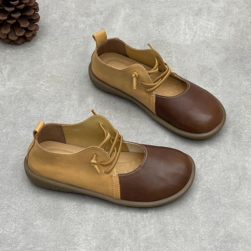 Johnature Handmade Genuine Leather Round Toe Mixed Colors Women's Flat Shoes Elastic Band Slip-on Loafers