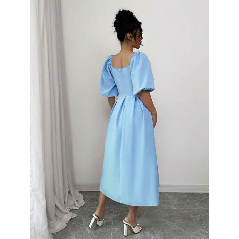 Europe, America 2026 summer new fashion temperament design square neck bubble sleeve bubble puff dress