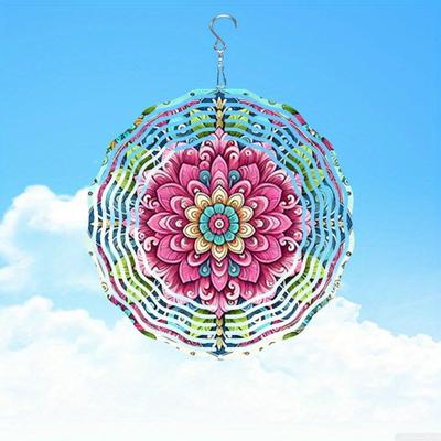 Mandala Wind Chime Outdoor Hanging Decor with Rotating 2D Metal Design Colorful Floral Patterns for Garden Yard and Home