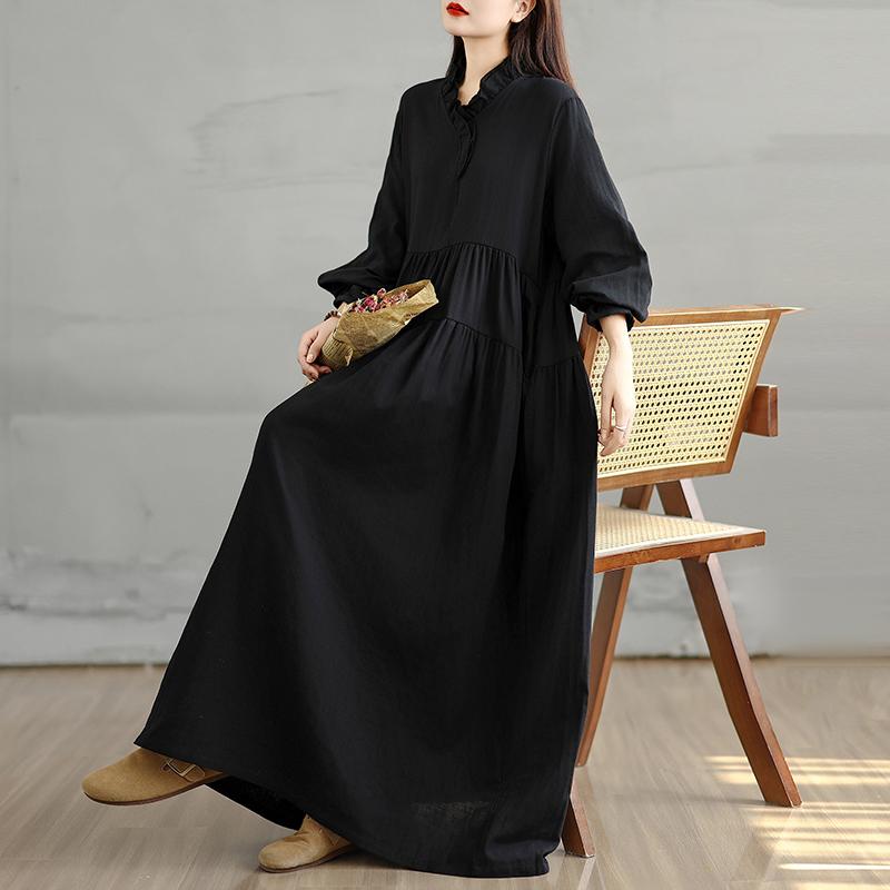 DIMANAF 2025 Women Plus Size Autumn Long Dress Loose Vintage Casual Oversize Long Sleeve Maxi Vintage Dress Black