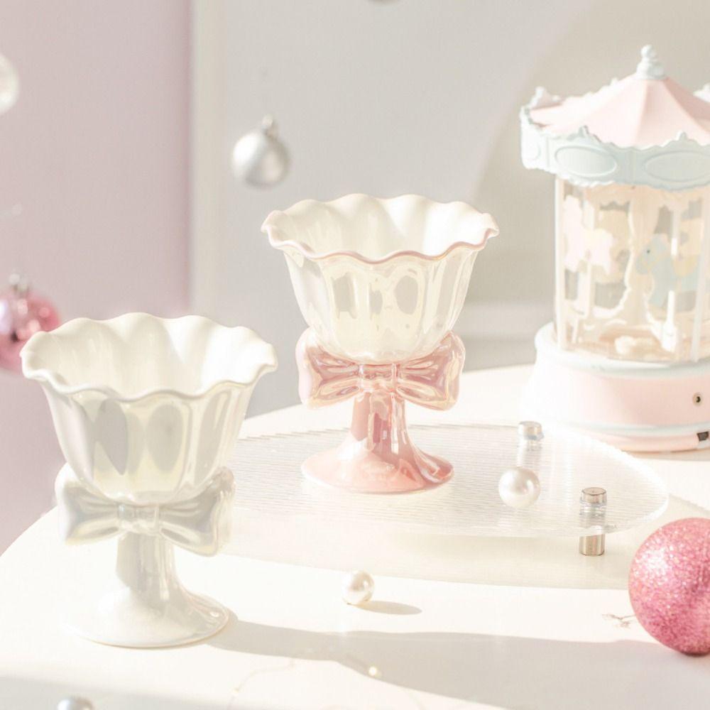 Ceramic Dessert Cup Multi-Function Tea Cup Dessert Tools Bow Shaped Ice Cream Cup  Desktop