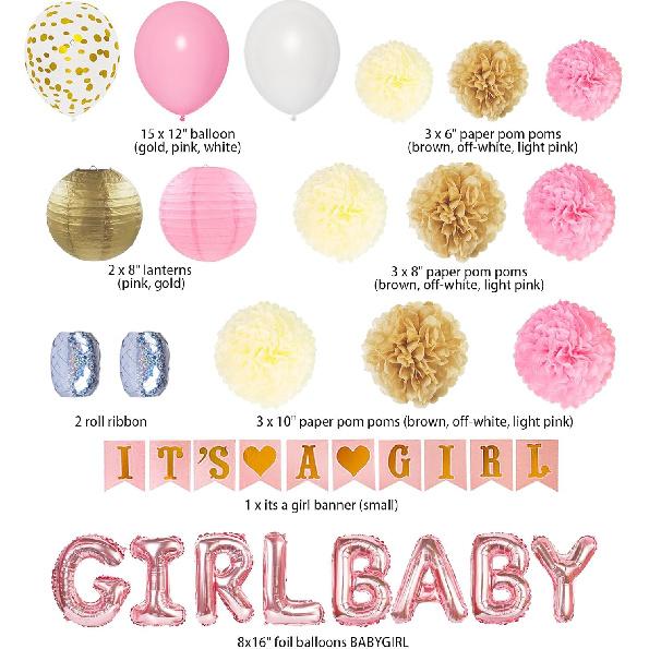 

Ouddy Вечеринка Розовый Декор для Детского Праздника для Девочки с Баннером «Это Девочка», Буквами «Baby Girl», Розовыми и Золотыми Шарами с Конфетти, Бумажными Помпонами для Девочки