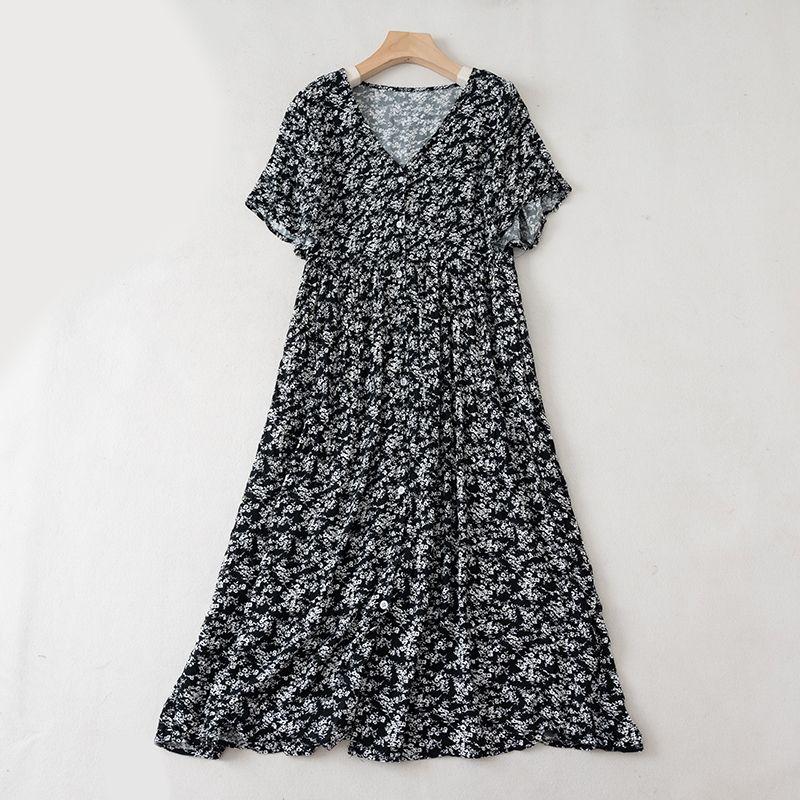

1124 Small V Neck Women s Waist-Tight Slim Looking A- line Small Floral Rayon Dress Black All yards