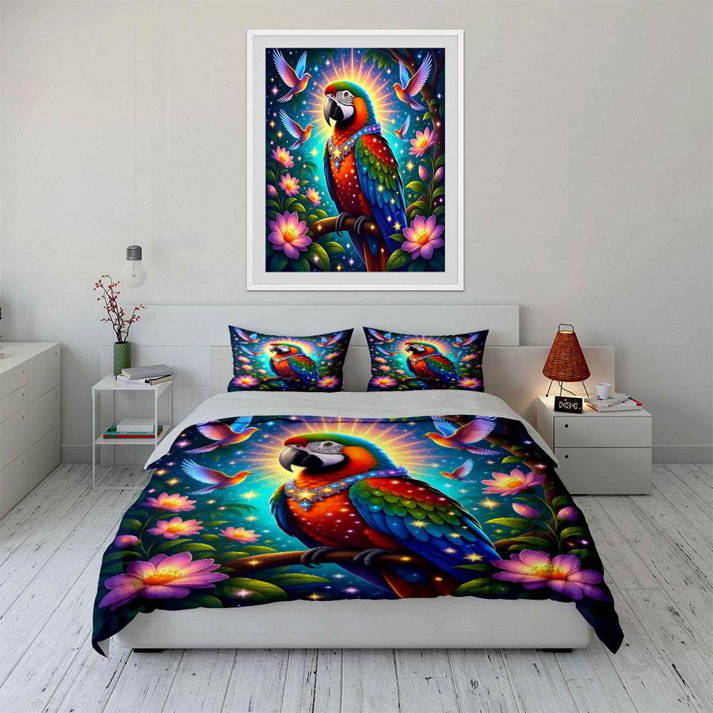 Vibrant Parrot and Flowers Bedding Duvet Cover Set  (1*Duvet Cover 2*Pillowcases, Without Duvet Insert)