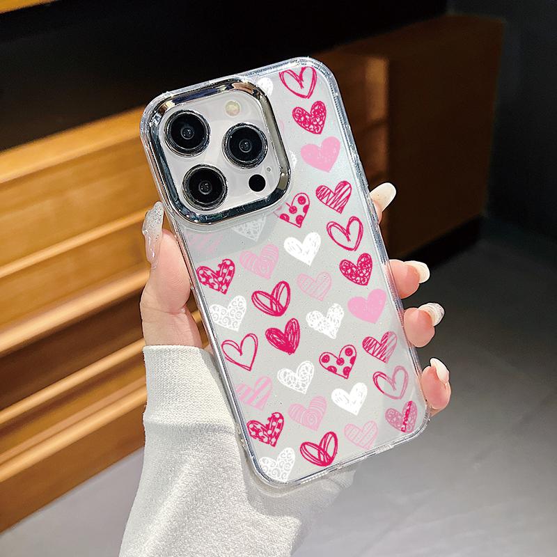 Plating Lens Frame Flowers Love Heart Phone Case For iPhone 16 15 14 13 12 Pro Max Plus 11 Clear TPU Shockproof Cover