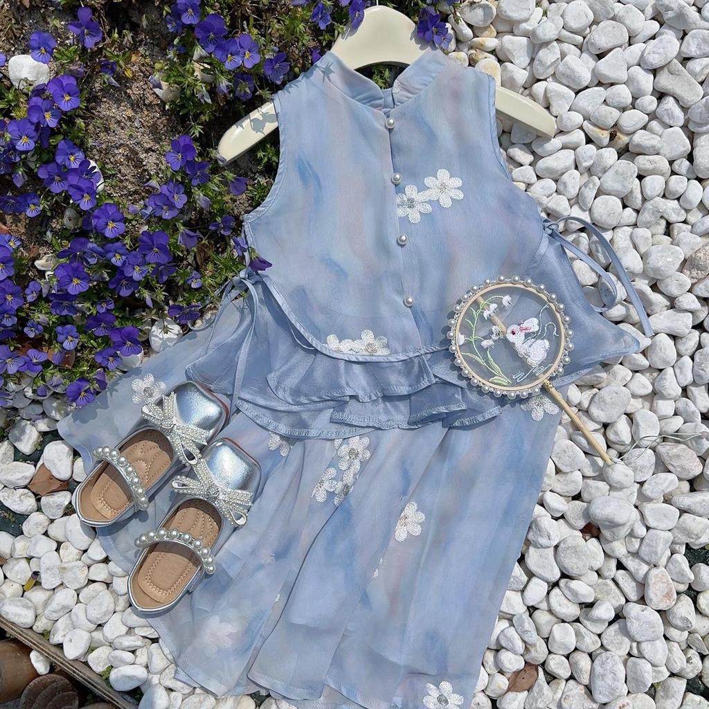 Girls' Summer Hanfu Style Vest & Pants Set - Two-Piece EXB003