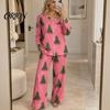 Breathable Pajamas 2Pcs/Set Women Christmas Pajama Set, Long Sleeve Button Down Shirt Soft Loungewear Gift Wide Leg Pants Cute Xmas Print Sleepwear