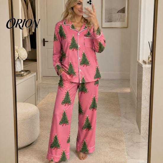 Breathable Pajamas 2Pcs/Set Women Christmas Pajama Set, Long Sleeve Button Down Shirt Soft Loungewear Gift Wide Leg Pants Cute Xmas Print Sleepwear