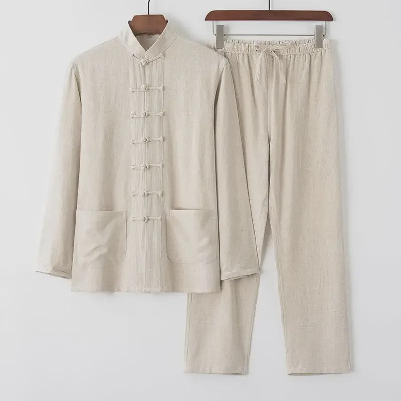Men's Cotton Linen Tang Suit - Long-Sleeve Retro Chinese Buttoned Attire for Middle-Aged & Elderly, Loose Tai Chi Style