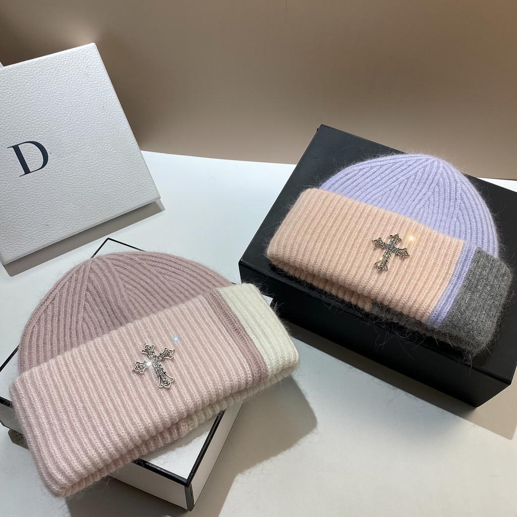 Nordic Winter Cross Angora Rabbit Fur Knitted Hat Trendy Sweet Cool Color Matching Pile Wool Hat