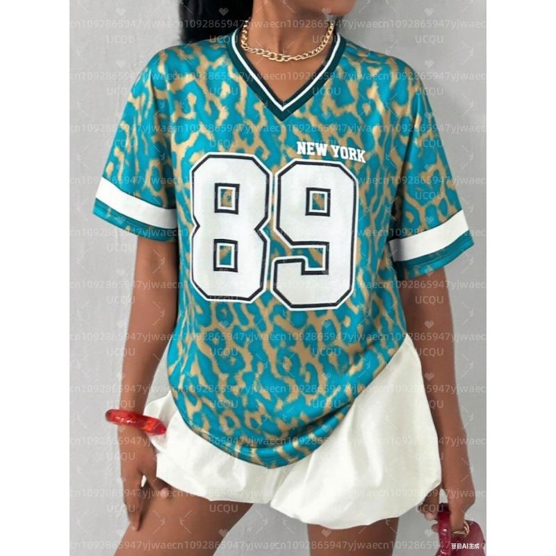 

Women s NEW YORK Leopard NO.89 Print V-Neck Short Sleeve T-Shirt Summer Graphic Tee Baseball Jerseys Plus Size Sport T-Shirt S