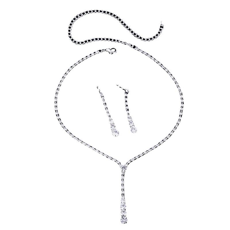 Trendy Bridal Jewelry Set With Water Diamond Necklace And Earrings Geometric Design Electroplated Factory Direct