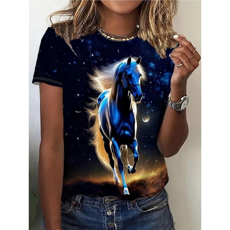 Summer Animal Horse Retro 3D Print T-Shirts Women Casual Short Sleeve T Shirt Streetwear Round Neck Tees Tops Female Clothing