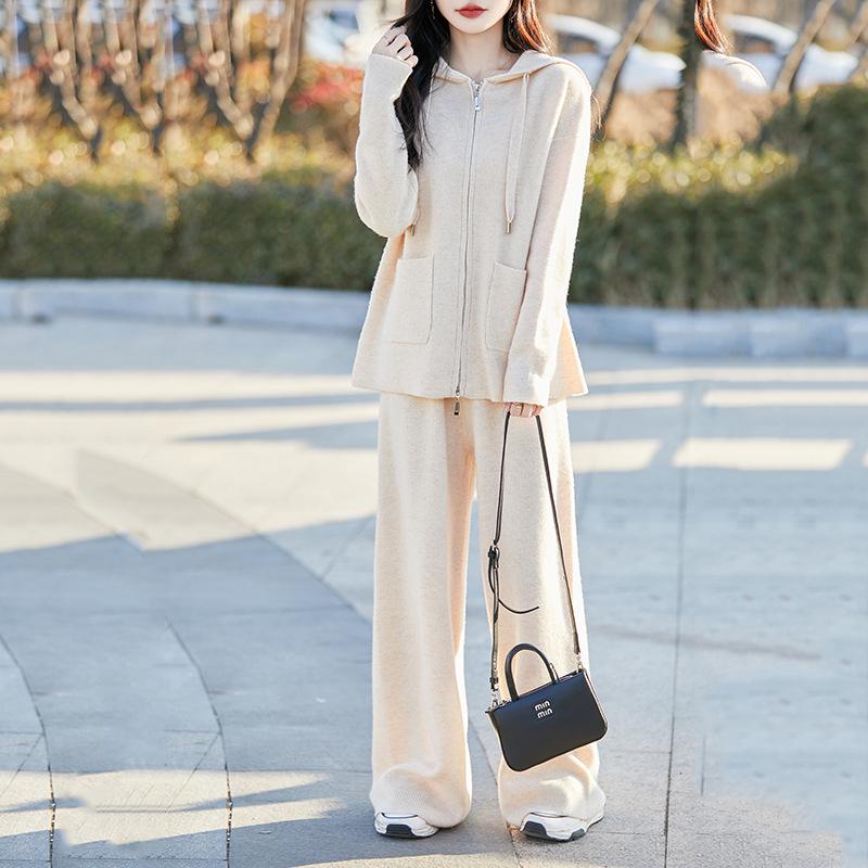 Women's Casual Wool Cardigan & High-Waisted Wide-Leg Knit Pants Set