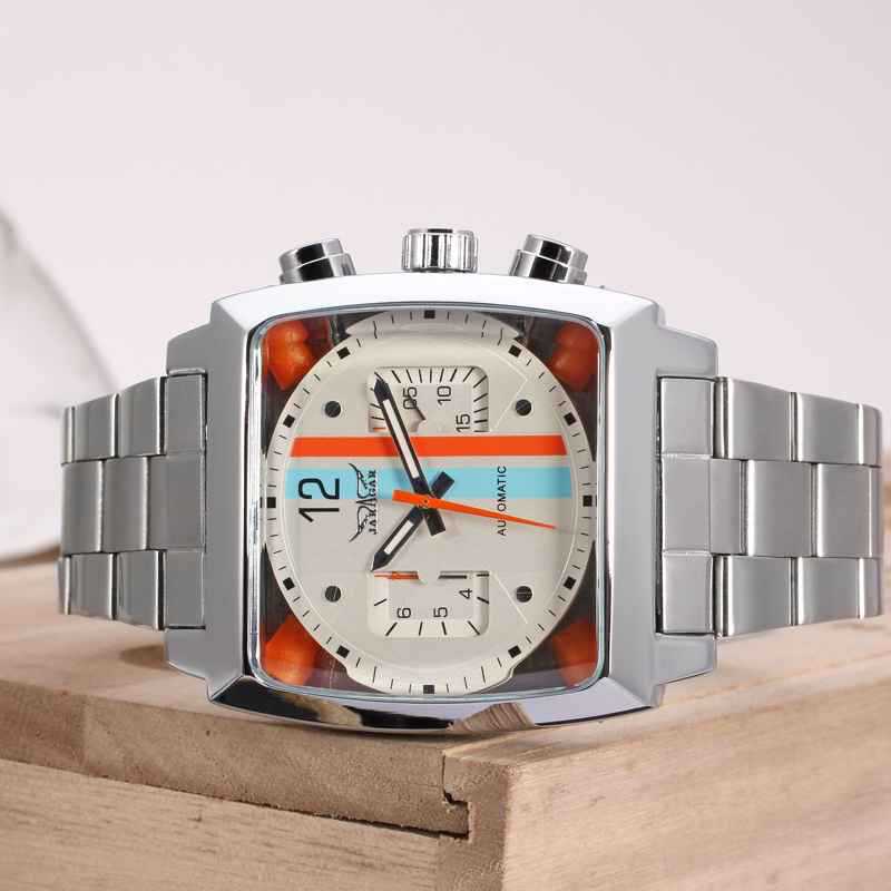 569 Orologi Meccanici Automatici da Uomo Design Retro Moda Data Giorno Impermeabile Cinturino in Acciaio Quadrante Quadrato Orologio da Polso da Uomo